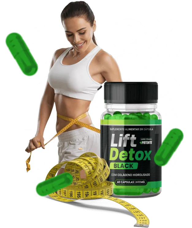 Imagem de uma mulher ao fundo com uma fita metrica e na frente um pote de lift detox